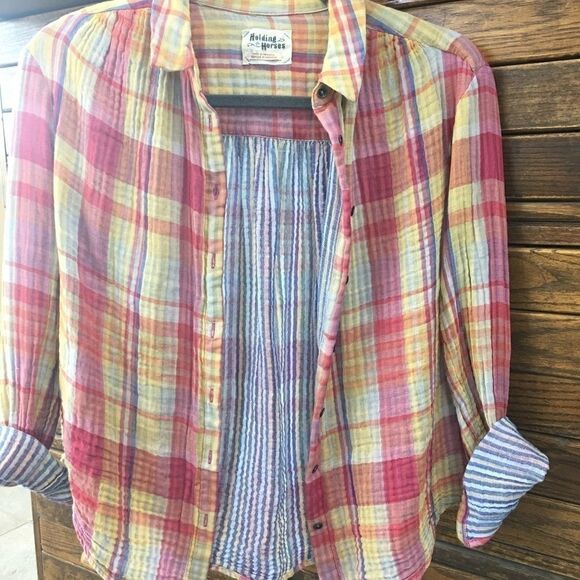 Anthro | HOLDING HORSES Orange Plaid Button Down | - Picture 2 of 6